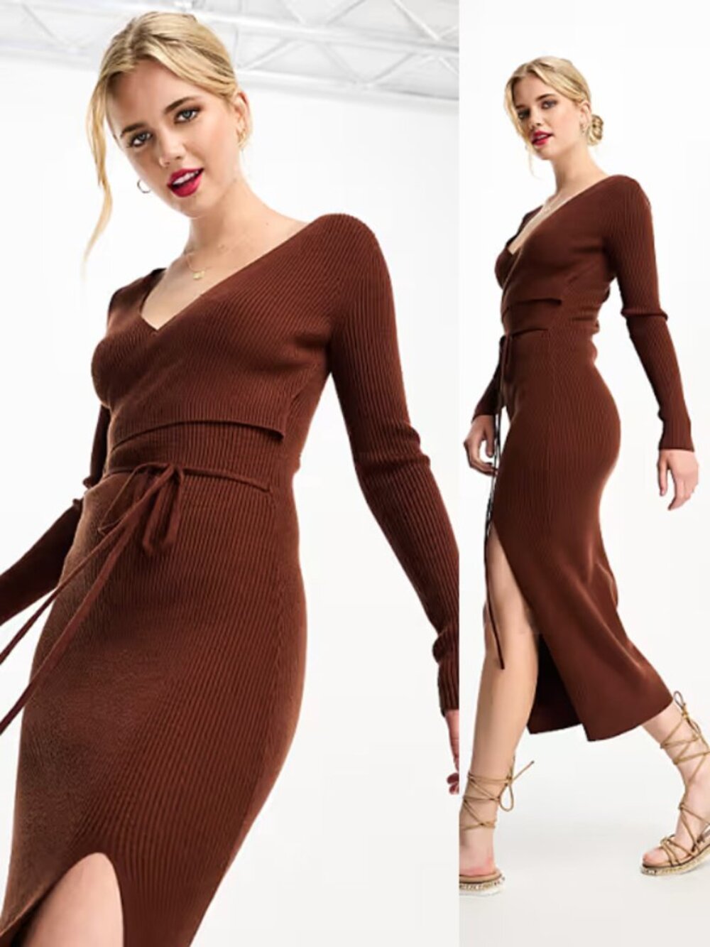 Abercrinbie & Fitch Long-Sleeve Wrap Midi Sweater Dress XLP Brown Stretch Rib